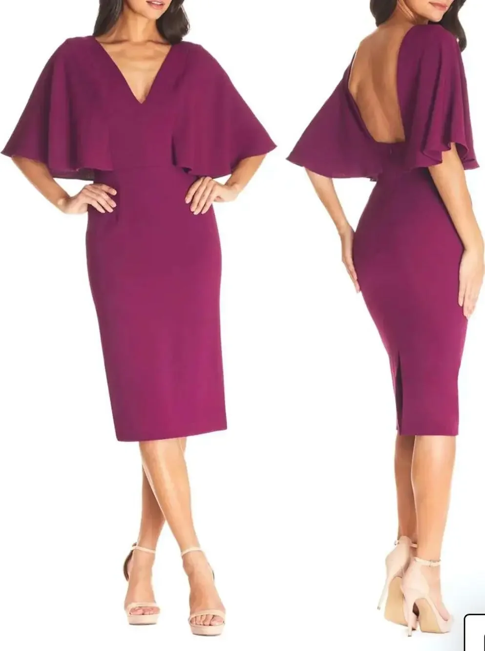 Dress the Population Open Back Midi Dress Plum Purple Size Small NEW